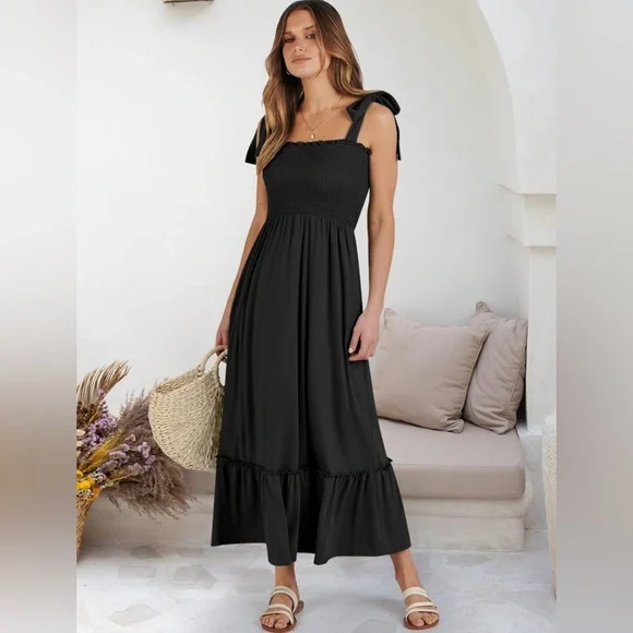 Anrabess Dresses | Anrabess Women Summer Casual Strap Smocked Maxi Flowy Tiered A Line Dress | Color: Black | Size: S | Pm-38412342'S Closet